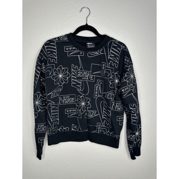 Nike Sweater Womens Small Black White Just Do It Floral Logo Crewneck Pullover - Picture 1 of 4